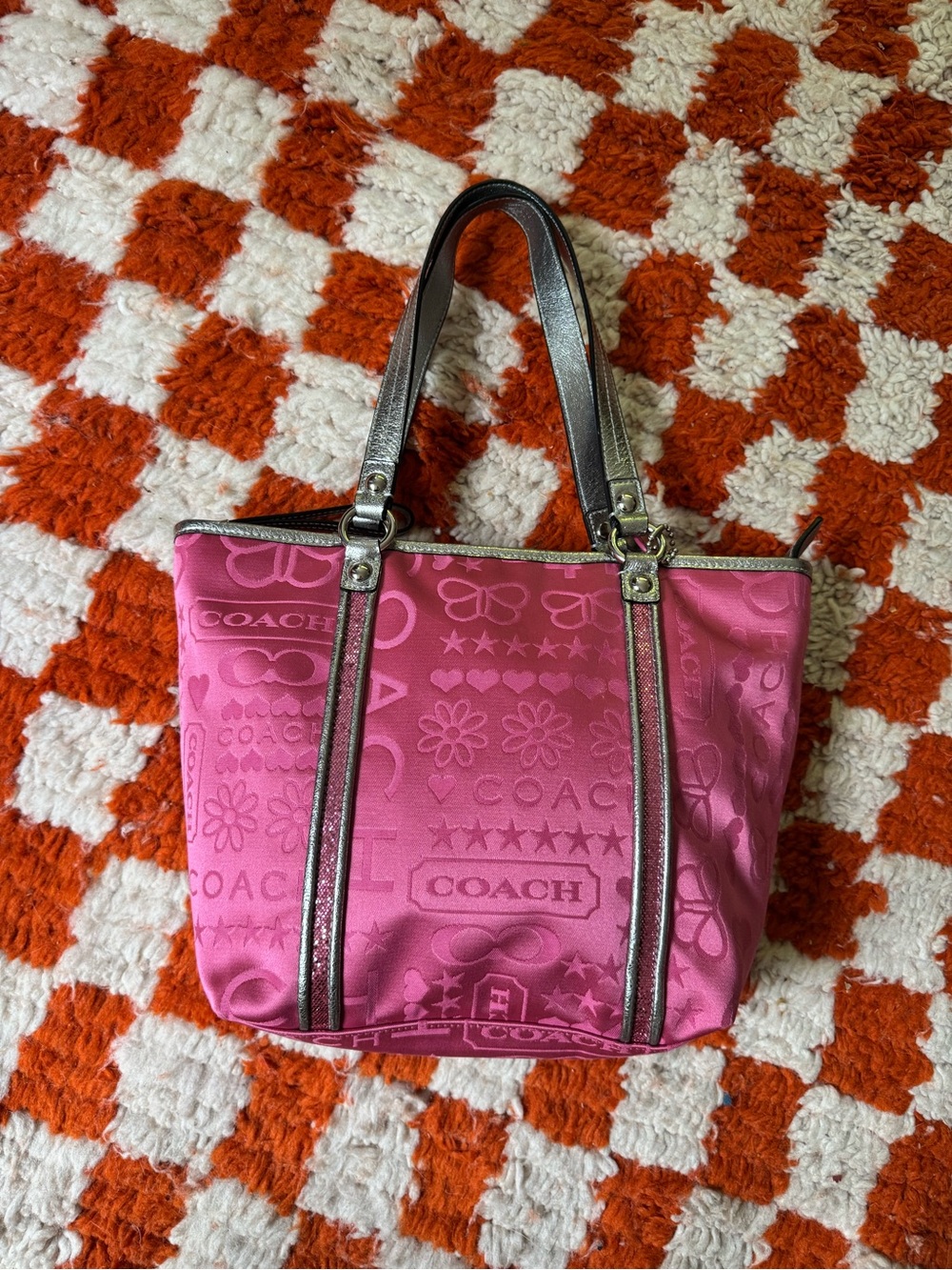 Coach Hot Pink Tote with Metallic Trim and pink sequins